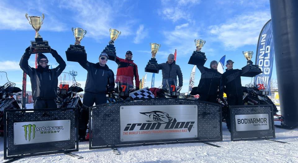 The Top 3 Iron Dog team finishers are, from left, second-place Team 14 Bryan Leslie and Casey Boylan; first-place Team 7 Nick Olstad and Tyler Aklestad; and third-place Team 39 Cody Barber and Brett Lapham. Iron Dog photo