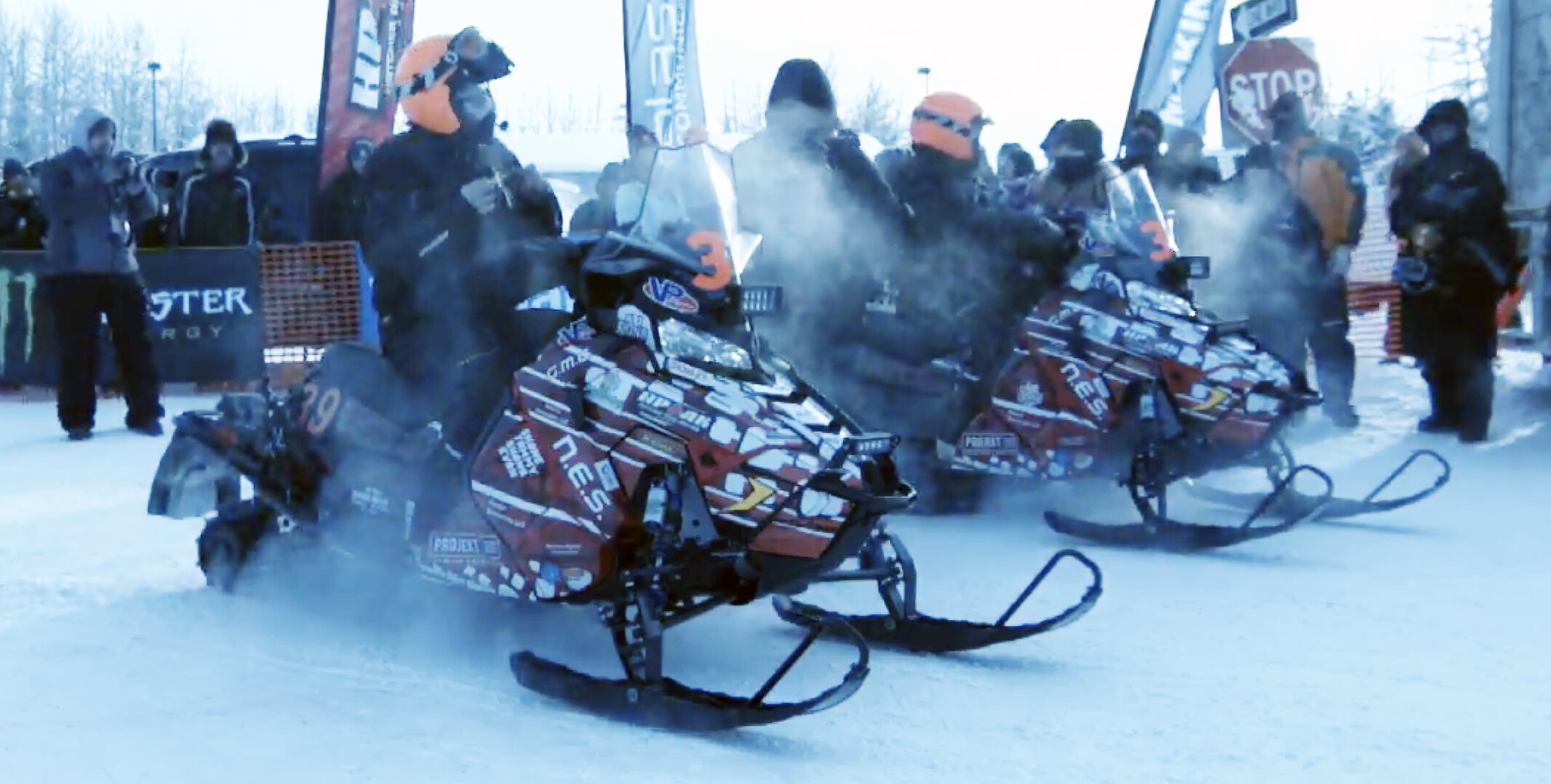 Team 39 at the start in Fairbanks. Teammates Robby Schachle from Big Lake and Cody Barber from Willow were holding steady at second place until a broken collarbone ended their bid. The team scratched in Kotzebue Tuesday morning, Feb. 18.