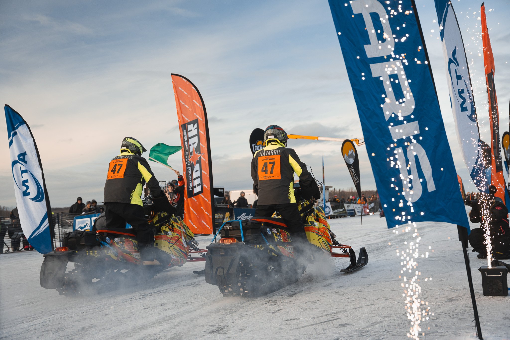 Team 47’s Jeremiah Brewington and Frankie Navarro leaving the chute at the start of the 2025 Iron Dog Race. Carly Padrta photo
