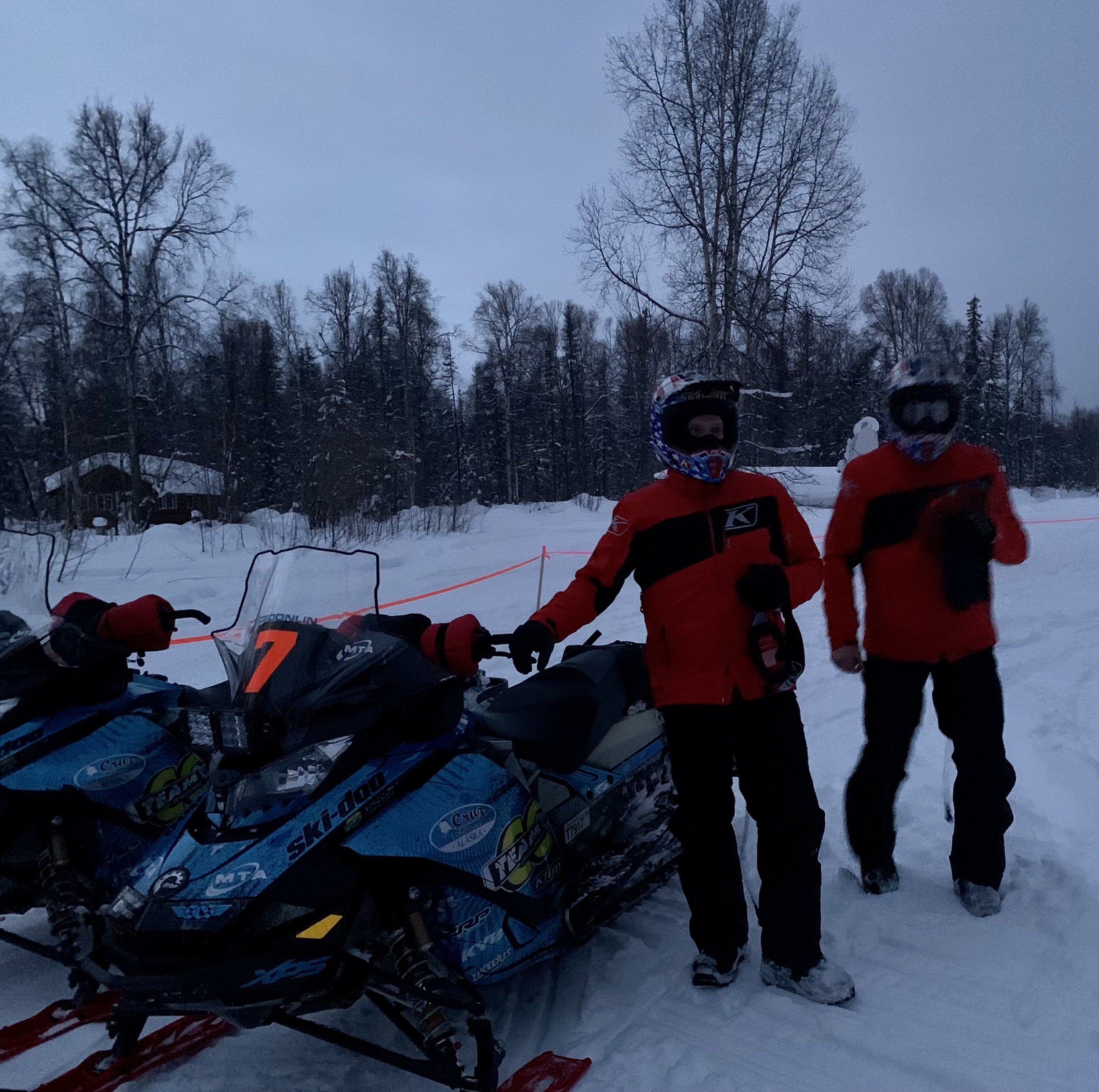 Iron Dog race leaders Team 7 Tyler Aklestad and Nick Olstad arrive at the Skwentna checkpoint where they will hold until the 11 a.m. restart Saturday morning. Cindi Herman photos