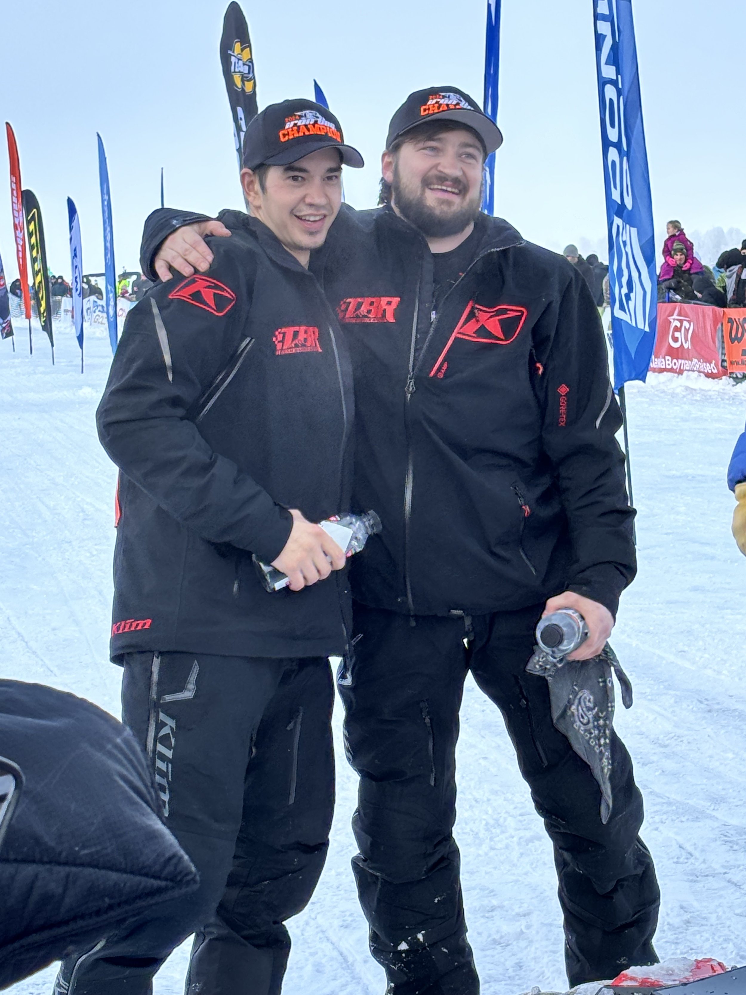 Team 39 Brett Lapham and Cody Barber are all smiles after their 2024 Iron Dog victory.