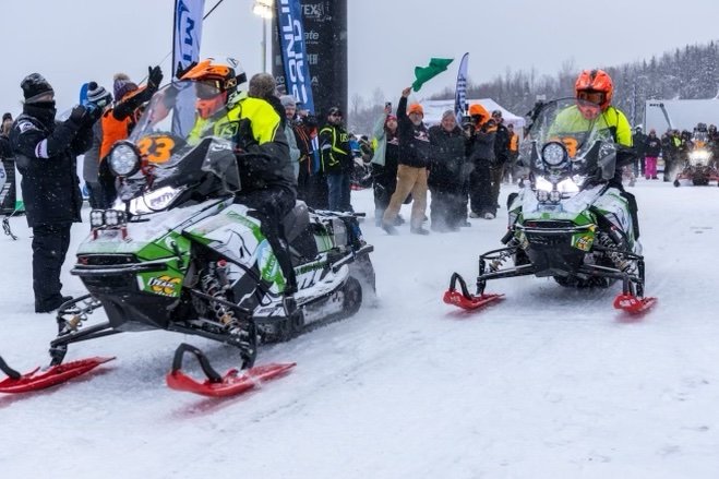 Kotzebue Team 33, Michael Hensley and George “Radar” Lambert take off at the start of Iron Dog 2023. Their race was cut short after an injury, proving that the World’s Longest, Toughest Snowmobile Race is anything but predictable.