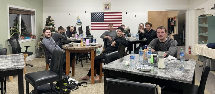 Racers enjoy a late-night steak dinner at the Innoko Lodge in McGrath. Chelsea Miller photo