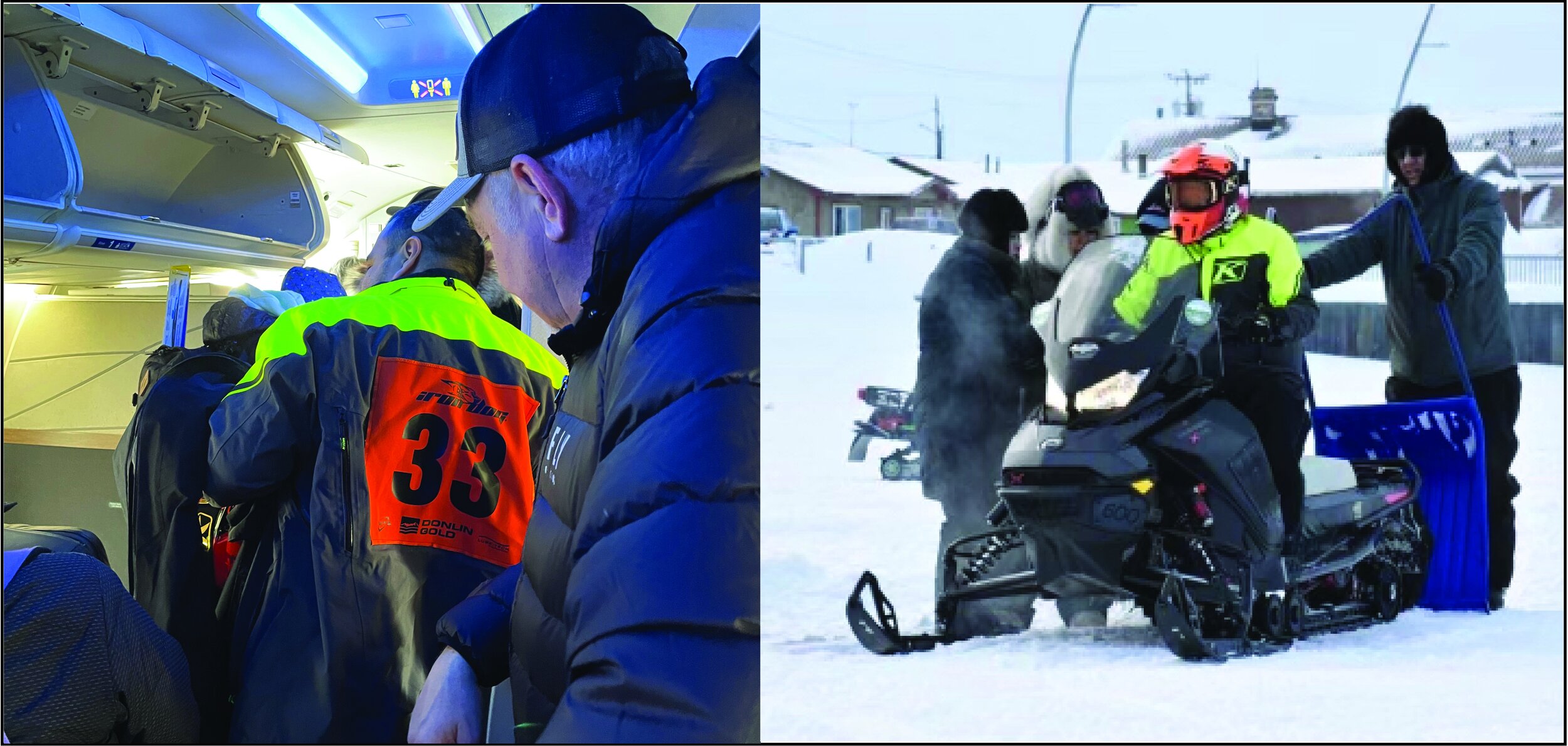 Team 33 Kotzebue racer George “Radar” Lambert wasted no time after he and his teammate scratched out of Iron Dog early the first day. He hopped a plane back to Kotzebue (above left) to arrive just in time for the Kotz-Kiana race (above right). Courtesy Paulette Schuerch